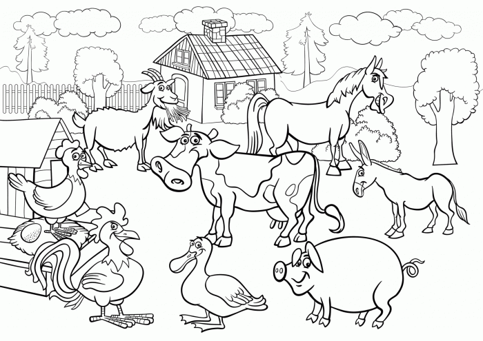 Animals on farm during thunderstorm coloring page