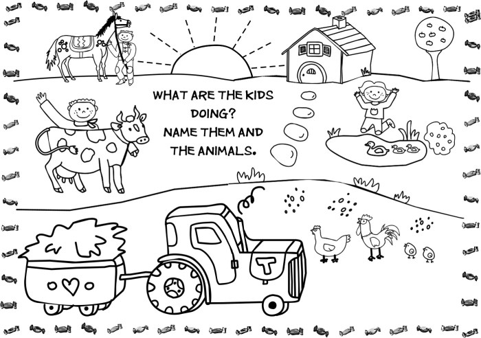 Animals on farm during thunderstorm coloring page