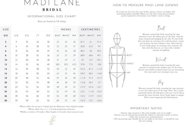 Wedding dress measurement chart