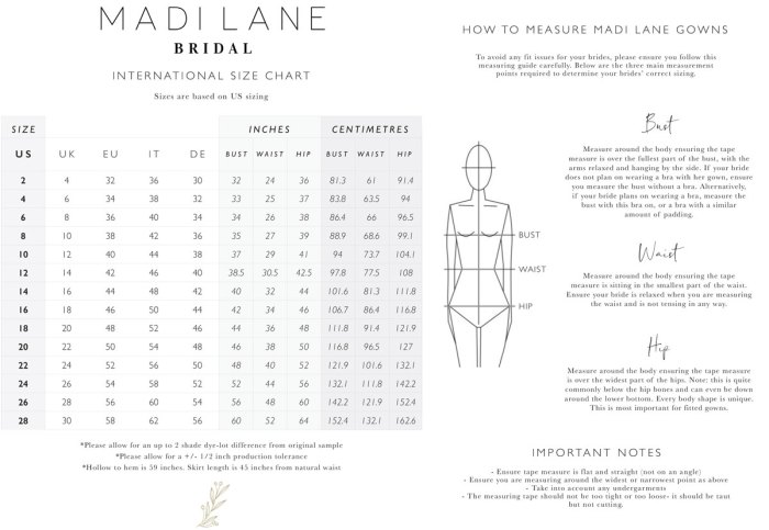 Wedding dress measurement chart