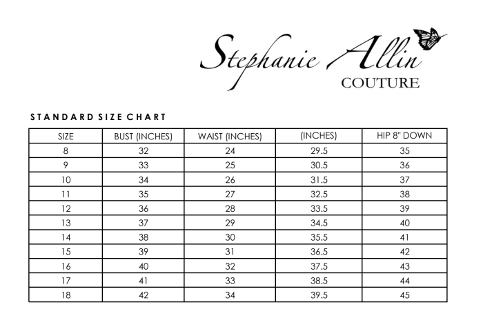 Wedding dress measurement chart